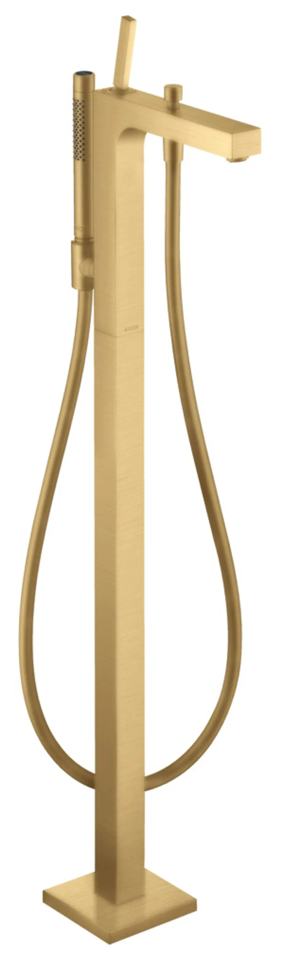 Bodenstehender Einhebel-Wannenmischer in Brushed Gold Optik mit separate Handbrause von AXOR, rechteckiger Körper und quadratischer Basis.